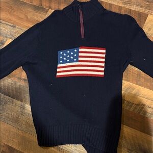 Polo Ralph Lauren Men's Navy Quarter-Zip Sweater with American Flag Sz M